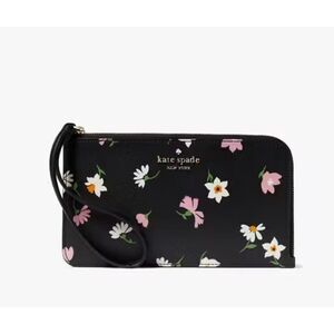 Kate Spade Black Lucy Floral Waltz Medium L-Zip Wristlet, Zip Wallet, NEW, $139